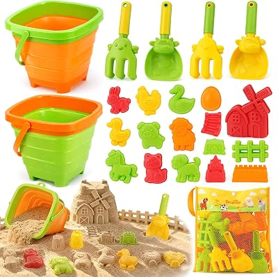 Collapsible Beach Toy Set for Kids, 29 Pcs Farm Sand Toys with Animal Molds | Foldable Buckets, Shovels, Rakes & Mesh Bag | Beach Essentials Sand Castle Building Kit | Travel Beach Toys for Kids Ages 4-8