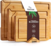 Kikcoin 3+1 Piece Self-Draining Bamboo Cutting Boards, Wooden Cutting Boards for Charcuterie, Vegetables, Cheese, Bread, Extra Large Chopping Boards with Deep Juice Groove and Handle, Natural