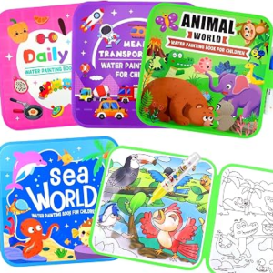 Vodolo Water Painting Book for Toddlers – 4 Pack Reusable Magic Water Coloring Book with 4 Water Pen, Mess Free Painting for Toddlers,No Mess Paint Coloring for Ages 3+ Travel Activity Toys