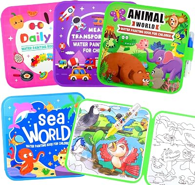 Vodolo Water Painting Book for Toddlers - 4 Pack Reusable Magic Water Coloring Book with 4 Water Pen, Mess Free Painting for Toddlers,No Mess Paint Coloring for Ages 3+ Travel Activity Toys