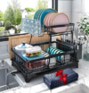 2-Tier Dish Drying Rack – Dish Rack with Auto Drain-to-Sink & Mat | Dish Racks for Kitchen Counter, Dish Drainer with Knife Fork & Cup Rack, Gifts for Women, Mothers Day, Kitchen Gadgets, Black
