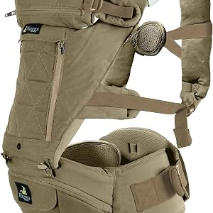 Abiie Huggs 3-in-1 Baby Carrier with Hip Seat – Ergonomic M-Position | Front-Facing, Hip-Hugger, Back Baby Carrier – 3 Mos to Toddler – Buckle Closure, Hands-Free – US Safety Approved – Khaki Sand