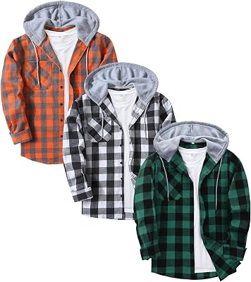 ZITY 3 Pack Mens Flannel Hoodie Shirts