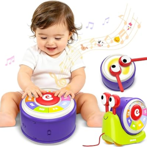 3 in 1 Musical Toddler Toys for 1-3 Year Old, Pull Along Snail Toy with Baby Piano and Light Up Drum Set, Early Learning Developmental Toys, Sensory Baby Toys and Birthday Gifts for Toddlers