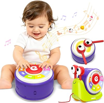 3 in 1 Musical Toddler Toys for 1-3 Year Old, Pull Along Snail Toy with Baby Piano and Light Up Drum Set, Early Learning Developmental Toys, Sensory Baby Toys and Birthday Gifts for Toddlers