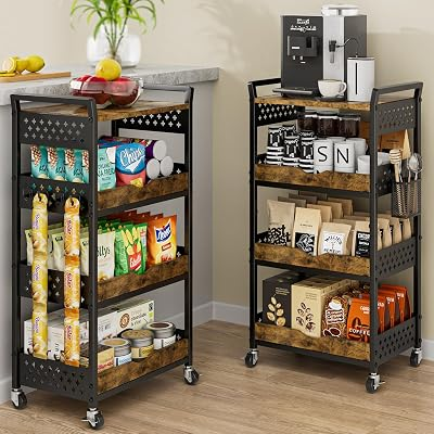 4-Tier Utility Rolling Cart with Wheels - Kitchen Organizations and Storage Metal Cart, Detachable Fruits Coffee Snacks Art Craft Storage Cart for Bathroom, Pantry & Laundry, Black