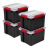8.5 Gallon 4-Pack Waterproof Plastic Storage Bins, Airtight Silicone Gasket Seal Tote With Durable Latches, Stackable Clear Lid Black Base Container With Comfort Handles For Garage Basement Attic