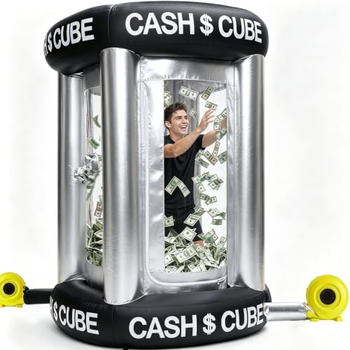 8Ft Inflatable Cash Cube Booth with 550W & 1100W Blowers, Portable Inflatable Money Grab with L-Zipper Visible Cabin, 420D Oxford & PVC, Inflatable Booth for Business Promotion & Home Party Events