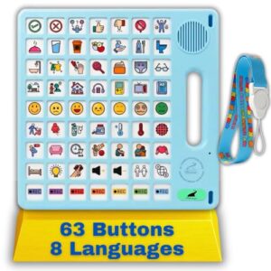 8 Languages AAC Device for Autism, 63 Buttons, Communication Board for None Verbal, Stroke Survivors Speech Support, TBI, Talking aid Tool for Delayed Speech terapy, Ajustable Lanyard.