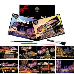 8 Sheets Rainbow Scratch Art City Scapes of USA Europe Scratch Paper Foil Art for Adults (A4) Colorful Sketches Scratch Off Coloring Book Gift for Travel Lovers Family Friends （USA and Europe Series）