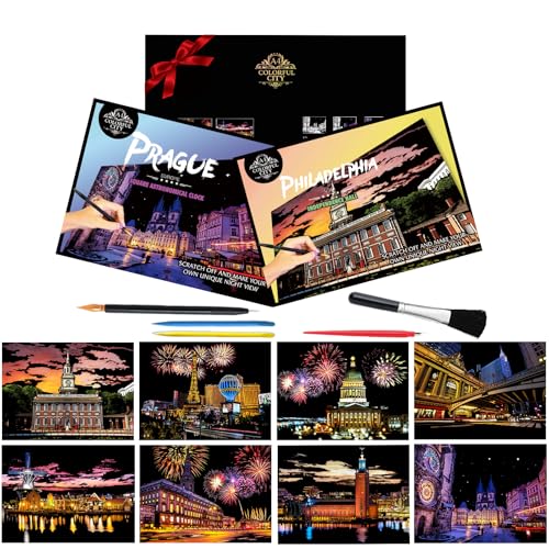 8 Sheets Rainbow Scratch Art City Scapes of USA Europe Scratch Paper Foil Art for Adults (A4) Colorful Sketches Scratch Off Coloring Book Gift for Travel Lovers Family Friends (USA and Europe Series)