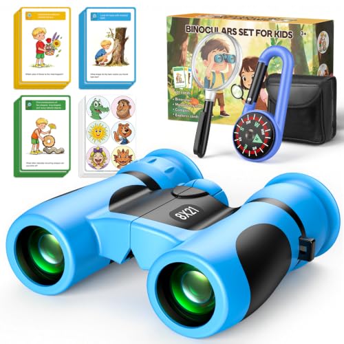 8x21 Kids Binoculars with 25 Scavenger Hunt Cards, Camping Toys for Boys Girls Ages 4-6-8-12 Outdoor Explorer Kit with Compass|Magnifying Glass, 3-12 Year Old Boy Bird Watching Hiking Birthday Gift