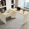 90" Modern L Shaped Desk in Natural Wood with 3 Drawers,360° Wood Rotating Desk,Office Study Workstation
