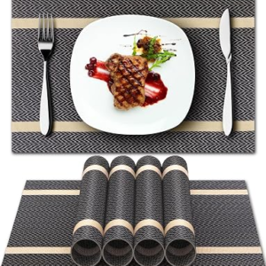 HOOMIL Placemats Set of 6, Heat Resistant Non-Slip Place Mats for Dining Table, Washable Durable PVC Vinyl Woven Table Mats, 18″ x 12″ – Brown