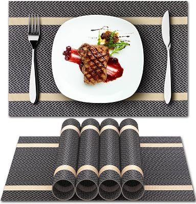 HOOMIL Placemats Set of 6, Heat Resistant Non-Slip Place Mats for Dining Table, Washable Durable PVC Vinyl Woven Table Mats, 18" x 12" - Brown