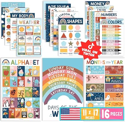 Hadley Designs 16 Educational Posters for Classroom Decor - Boho Educational Posters for Toddlers 1-3, Toddler Learning Posters for Kids Ages 3-5, Kindergarten & Preschool Classroom Must Haves