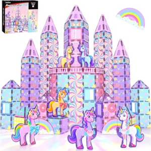 GobiDex 100PCS Unicorn Magnetic Tiles with 6 Unicorn Toys for Girls Age 4-6