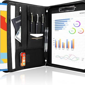 ProCase Portfolio Business Padfolio Folder with Zipper, Conference Meeting Executive File Legal Document Organizer with Pockets Letter Size A4 Writing Pad Notepad Padfolio -Black