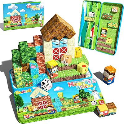 Mini Magnetic Blocks, Magnet Building Cubes, Farm Animal Travel Outdoors Toys with Portable Iron Box, STEM Montessori Sensory Educational Toys for Toddlers, Gift for Kids Ages 3-8 Boys & Girls