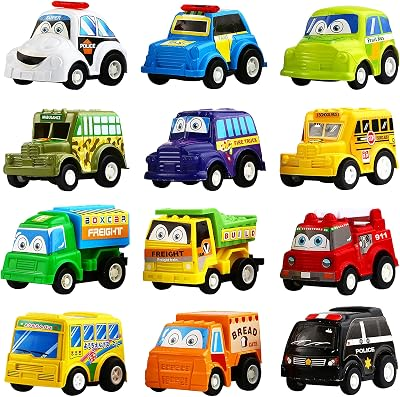 12 Pack Pull Back Cars and Trucks, Mini City Vehicle Toy Playset for Kids | Friction-Powered Mini Plastic City Vehicles Suit Travel Play, Prize Boxes and Birthday Gifts for Boys, Kids and Toddlers