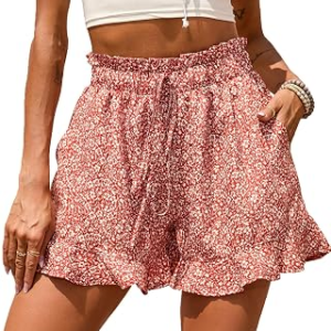 BTFBM Boho Ruffle Floral Shorts for Women with Pocket,Floral Orange Red,S