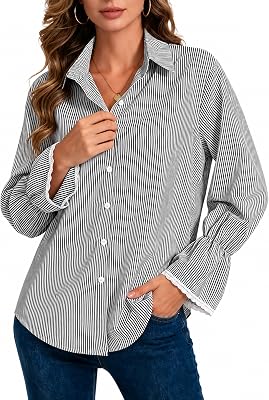 ITNPBWUS Women Striped Button Down Shirt