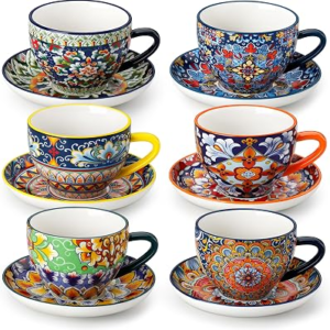vancasso 8 oz Cappuccino Cups with Saucers Set of 6, Bohemian Ceramic Coffee Cup for Latte, Tea, Espresso, Microwave & Dishwasher Safe – Porcelain Tea Cups and Saucers for Kitchen or Cafe