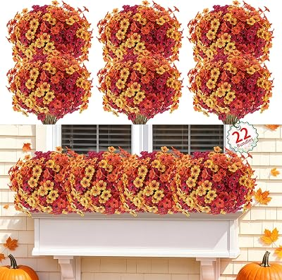 Powbrace 22 Pack Artificial Fall Flowers Mums for Outdoor Indoor