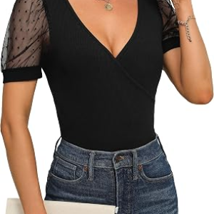 FAYENNE Womens V Neck Cross Wrap Sexy Tops