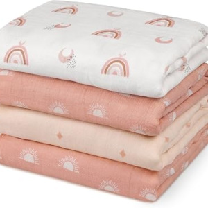 GLLQUEN BABY Muslin Swaddle Blankets 4Pk Receiving Blanket Large 35″ x 40″ | Soft Cotton Baby Blankets for Girls Boys Breathable Nursery Swaddles for Newborns, Baby Essentials Shower Gift, Sun