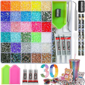 Wuollgess 40000 Pcs 3mm Resin Jelly Rhinestones Bedazzling Kit, 30 Colors Flatback Rhinestones with 3 Pcs 10ml B7000 Jewelry Glue for DIY Crafts, Tumblers, Nail Art, Diamond Art, and Shoe Decor