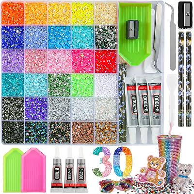 Wuollgess 40000 Pcs 3mm Resin Jelly Rhinestones Bedazzling Kit, 30 Colors Flatback Rhinestones with 3 Pcs 10ml B7000 Jewelry Glue for DIY Crafts, Tumblers, Nail Art, Diamond Art, and Shoe Decor