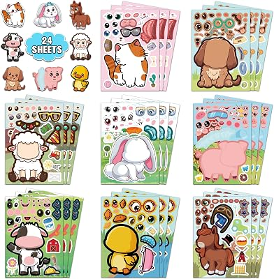 HSHFAMIIY 24 PCS Animal Face Stickers – DIY Decorative Animal Character Stickers for Crafts, Scrapbooking, Party Decorations, Gift Wrapping & Holiday Projects