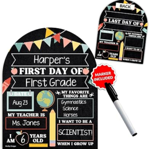 My First Day of School Sign with Marker, 11″x 14″ Back to School Sign Board | Double-sided & Reusable Photo Prop for Kid First and Last Day Kindergarten PreK Preschool, Chalkboard Back to School Supplies
