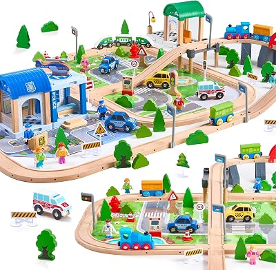 172Pcs Wooden Train Set for Toddlers, Wooden Train Track - Expandable and Changeable, Safe Educ