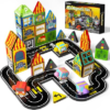 GobiDex 60PCS Mini Magnetic Tiles City Road Set with 4 Cars | Travel Magnetic Blocks Building Toys for Boys & Girls Ages 3+, Montessori Educational Birthday Gifts