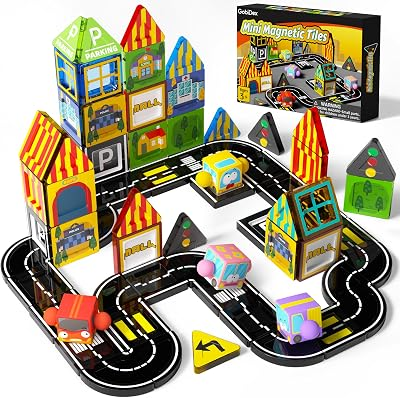 GobiDex 60PCS Mini Magnetic Tiles City Road Set with 4 Cars | Travel Magnetic Blocks Building Toys for Boys & Girls Ages 3+, Montessori Educational Birthday Gifts