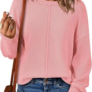 BTFBM Pullover Sweaters for Women Fall Crewneck Slouchy Long Sleeve Sweater Loose Casual Knit Tops Winter Clothes 2026(Pink, Small)