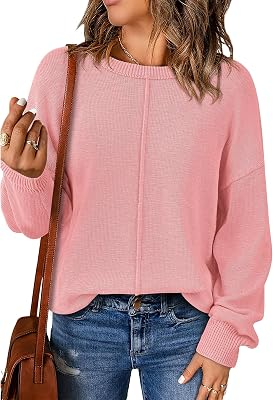 BTFBM Pullover Sweaters for Women Fall Crewneck Slouchy Long Sleeve Sweater Loose Casual Knit Tops Winter Clothes 2026(Pink, Small)