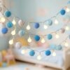 9.84FT Pom Poms Fairy Lights - 20 LED Battery & USB Operated String Lights with Warm White Globe Balls - Cute Indoor Decor for Bedroom Kids Room Playhouse Back to School Birthday Baby Shower - Blue