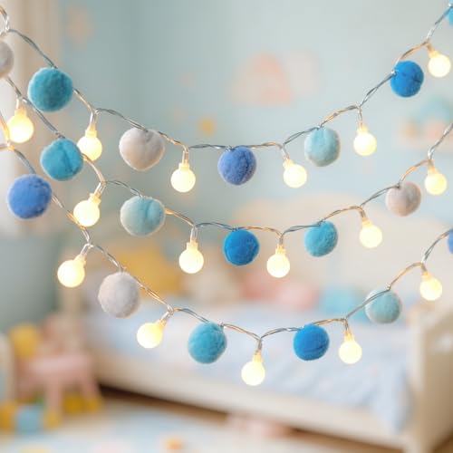 9.84FT Pom Poms Fairy Lights - 20 LED Battery & USB Operated String Lights with Warm White Globe Balls - Cute Indoor Decor for Bedroom Kids Room Playhouse Back to School Birthday Baby Shower - Blue