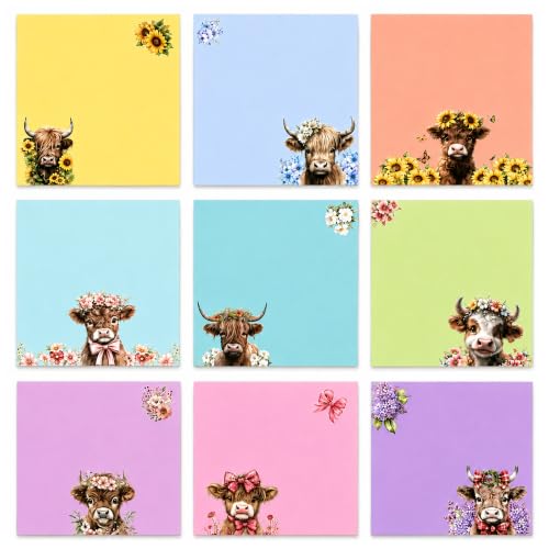 9 Pads Highland Cow Themed Sticky Notes, Cute Self-Stick Notepads, Adhesive Memo Pads Note Card, Funny Office Decor Gifts, Desk Accessories for Students, Teacher and School Supplies, 3x3in