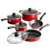 9 Piece Non-Stick Cookware Set, Tempered Glass Lids Riveted Handles, Stackable Red Kitchen Cooking Pans For Gas Electric Ceramic Stoves