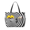 Abstract Black And White Striped Optical(1) Large Beach Tote Bag For Women With Zipper & Wet Pocket, Lightweight Foldable Gym Tote For Travel, Grocery, Swim, Sports