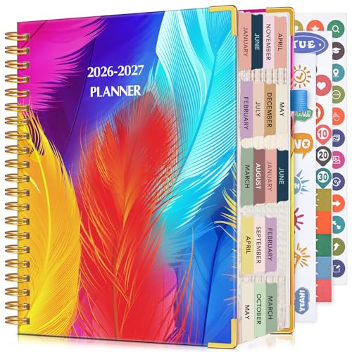 Academic Planner 2026-2027, Weekly and Monthly Daily Planner from July 2026 - June 2027, 5.75" x 8.38" A5 Hardcover Agenda Organizer Book 2026-2027 with Tabs, Spiral Yearly Calendar Planners for School Work Home, Colorful Feather