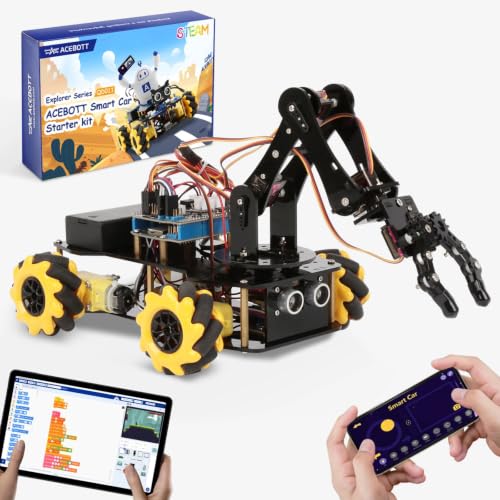 ACEBOTT 5DOF Robot Arm Car Kit, ESP32 Programmable Coding Robot with 4WD App & Remote Control, Arduino Python Blockly Compatible STEM Robotics Building Kit for Kids 12+ Teens and Adults