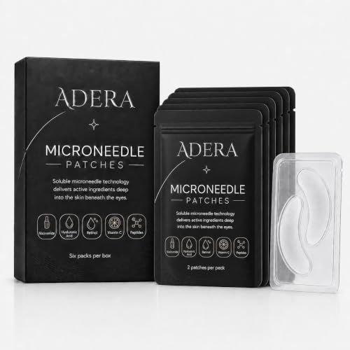 ADERA Under-Eye Microneedle Patches, Dissolving Under Eye Patches with Hyaluronic Acid & Peptides, Eye Masks with Retinol, Technology to Firm, Smooth & Plump Fine Lines & Wrinkles, 6 Pairs