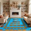 Adiugt 9'x12' Sky Blue ABC Train Numbers Border Letter Washable Area Rug