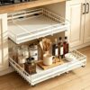 Adjustable Expandable Under Cabinet Storage Rack, Rustproof Carbon Steel Kitchen Organizer for Under Sink Pantry Countertop, Holds Dishes Spices Cookware