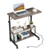 Adjustable Height Mobile Laptop Desk with Power Outlet & Storage Shelves Rolling Standing Computer Cart Portable Side Table with Charging Station & Lockable Wheels for Home Office Sofa Bed